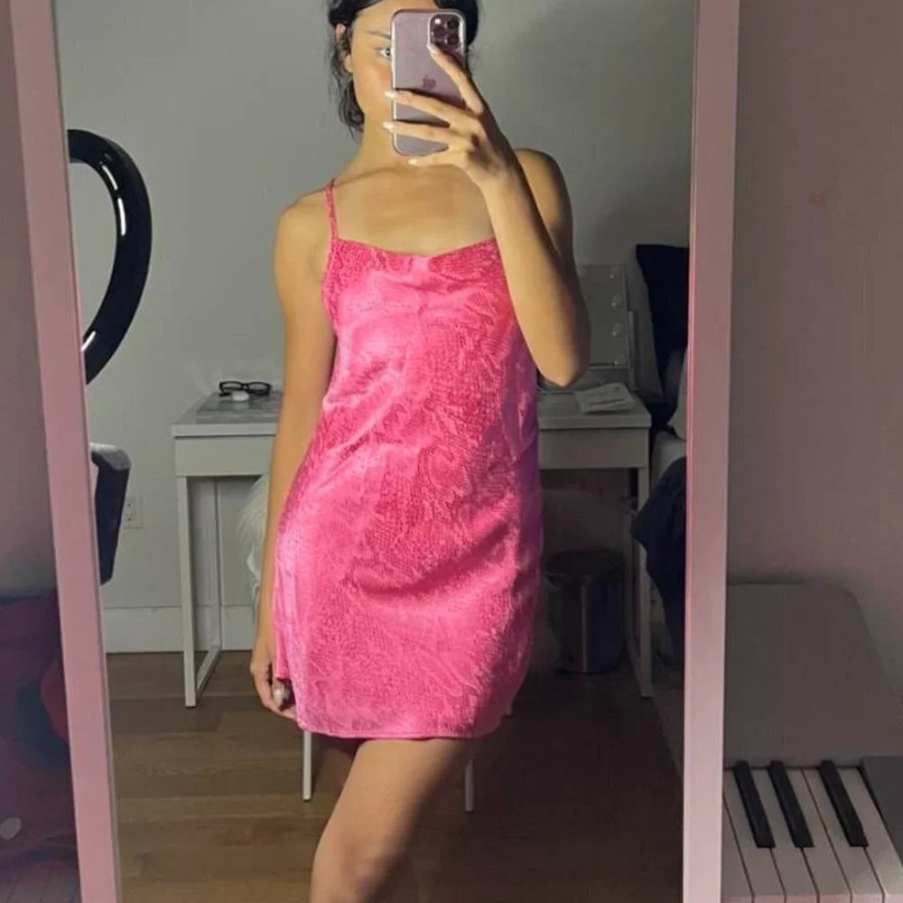 Zara  Jacquard Animal Detail Slip Mini Dress Hot Pink Sz Small NWT